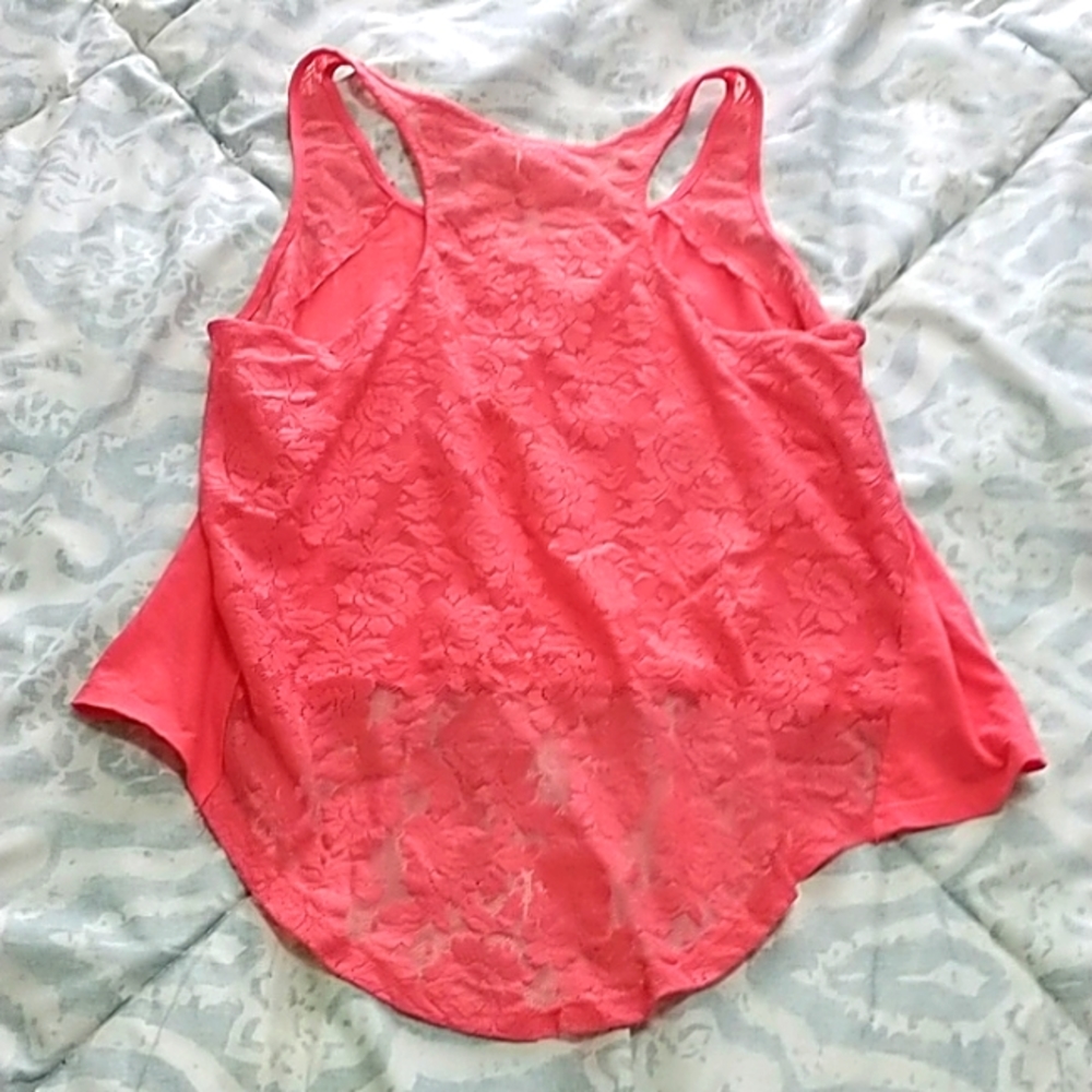 Coral pink tank top with floral lace mesh back sheer